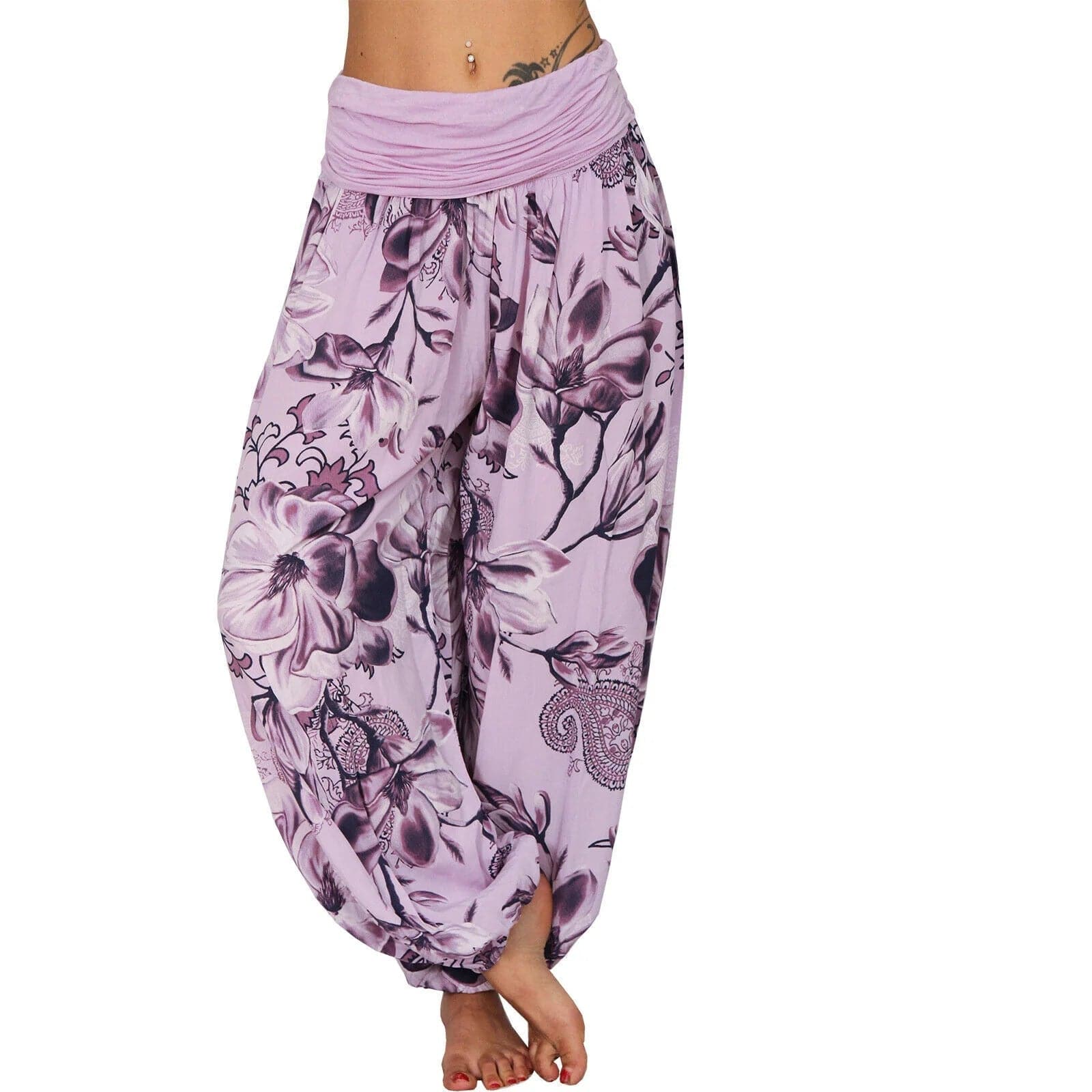 Casual Wide Leg Harem Pants - Cotton Polyester Blend, Elastic Waist, Loose Fit, Full Length - Wandering Woman