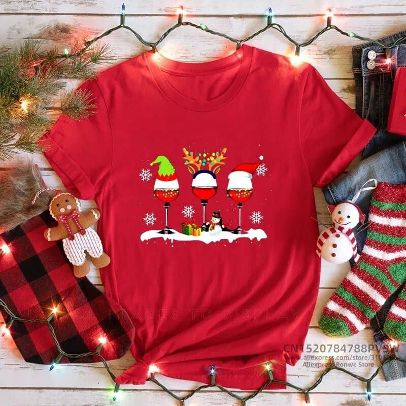 Christmas Red Print T-shirts - Wandering Woman