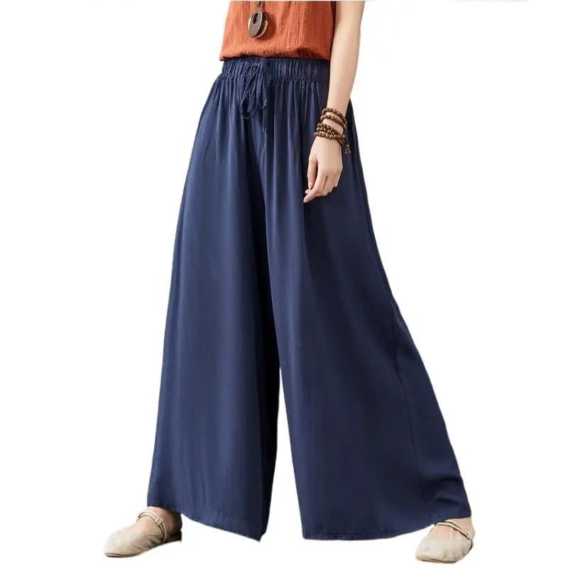Cool Thin Wide Leg Pants - Casual Mid-Age Women's Drawstring Solid Blended Cotton Linen Pants by Asyabuykal - Wandering Woman