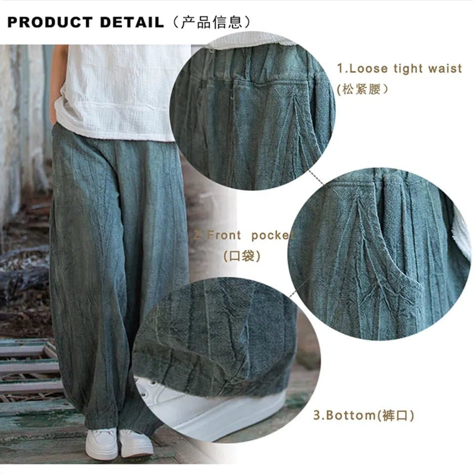 Cotton Linen Baggy Cargo Pants - Casual Loose Fit Twill Bloomers for Women - Wandering Woman
