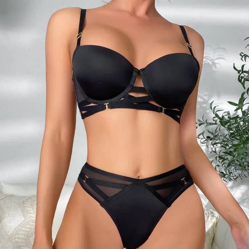 Cross Bandage Smooth Bra Underwear Set - Push Up, Plunge, Padded, Thin Under Thick Mold Cup - Wandering Woman