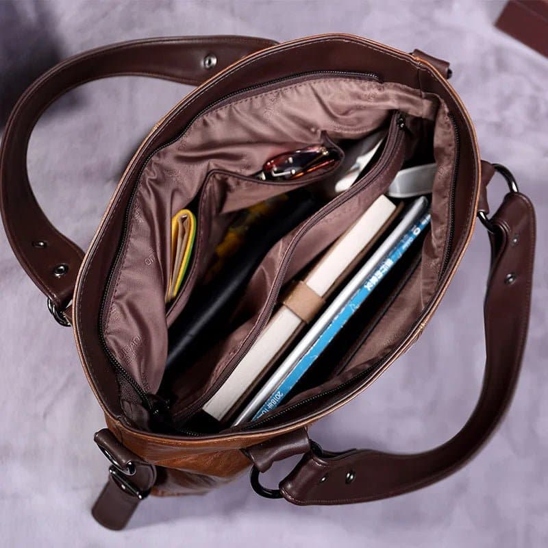 Crossbody Handbag for Ladies - LadyHuarui Shoulder Bag, PU Material, Solid Pattern, Vintage Style - Wandering Woman