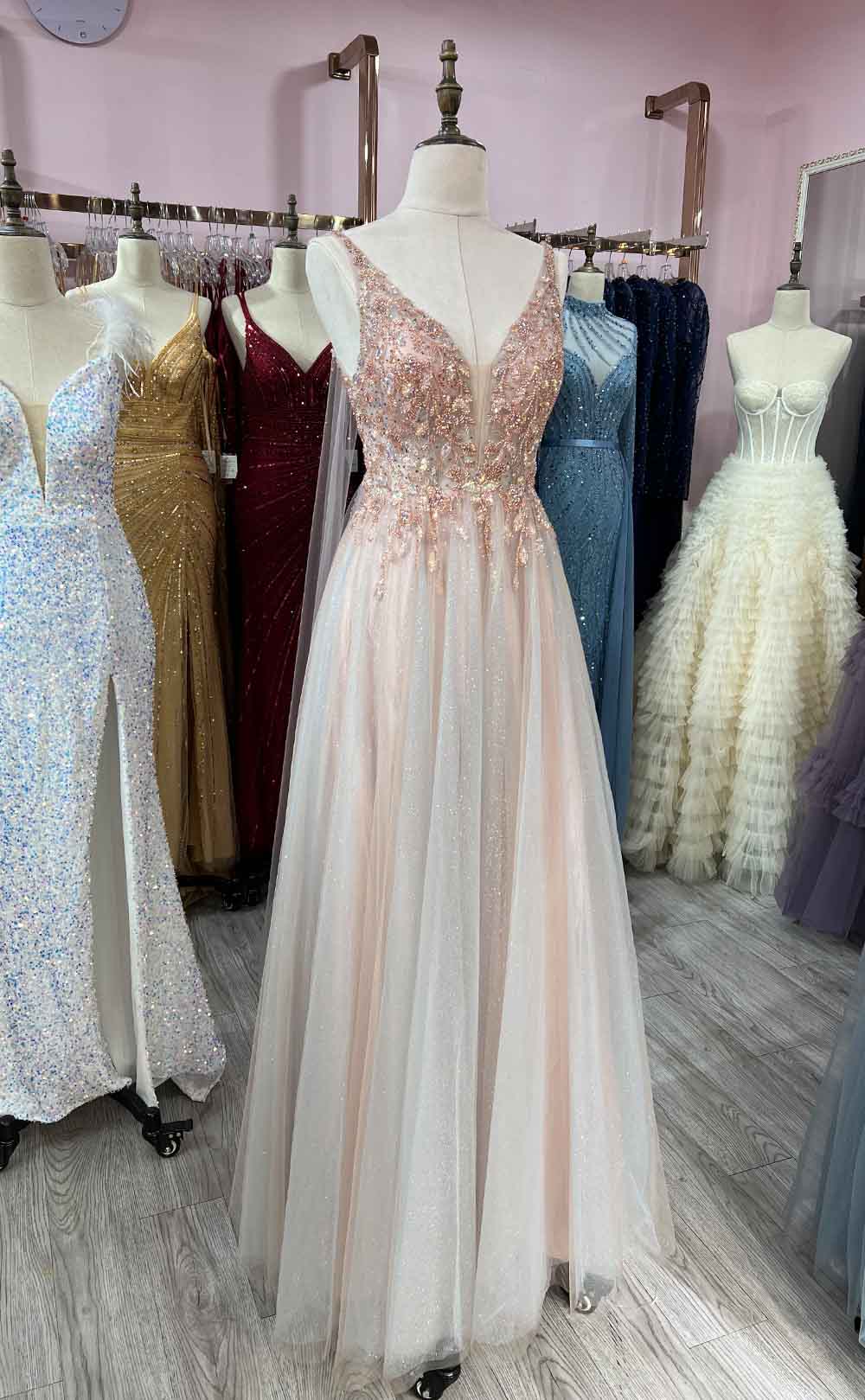 Deep V Neck Tulle Crystal Formal Gown - Wandering Woman