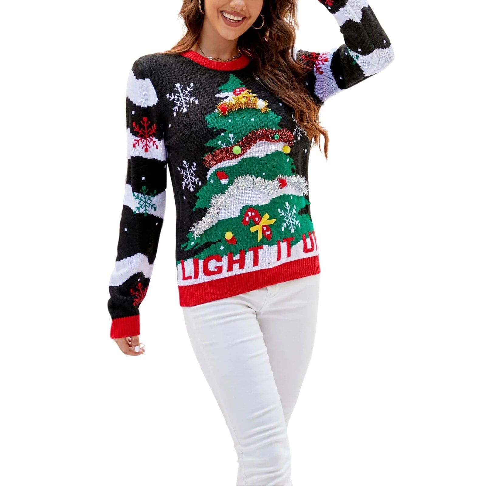 Dinosaur/Christmas Tree Print Sweater - Wandering Woman