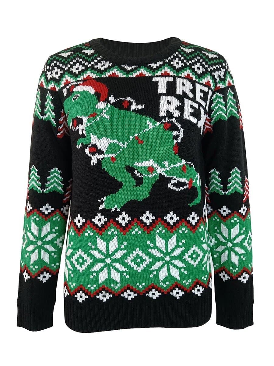 Dinosaur/Christmas Tree Print Sweater - Wandering Woman