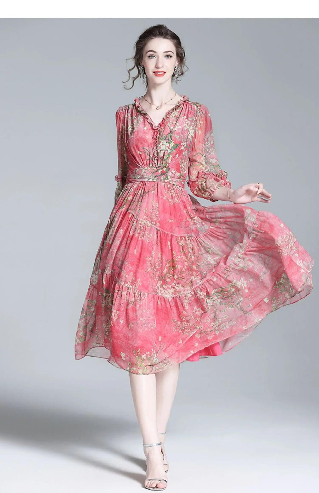 Elegant Floral Silk Ruffled Midi Dress - Beach Style, V-Neck, A-Line - Wandering Woman