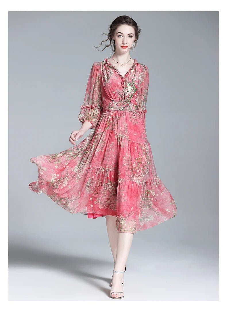 Elegant Floral Silk Ruffled Midi Dress - Beach Style, V-Neck, A-Line - Wandering Woman