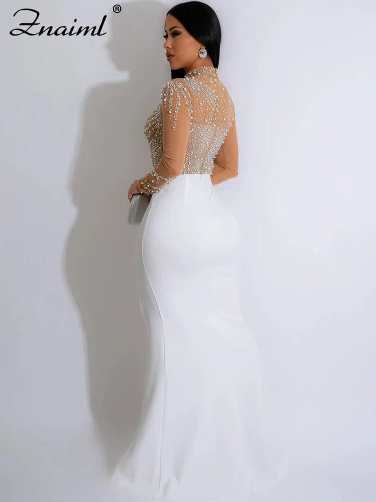 Elegant Mesh Rhinestone Patchwork Floor-Length Dress - Wandering Woman