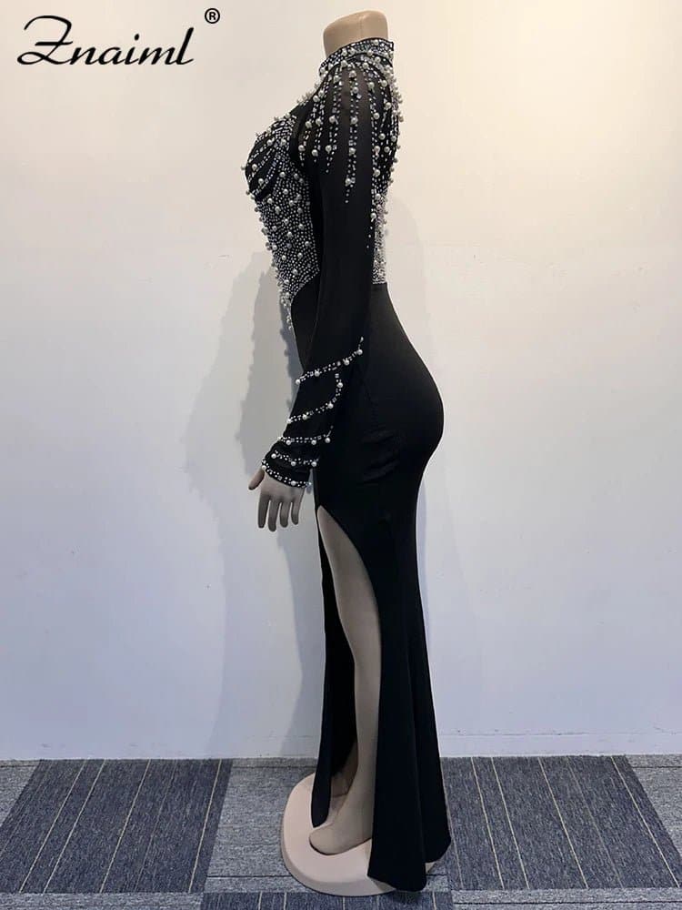 Elegant Mesh Rhinestone Patchwork Floor-Length Dress - Wandering Woman