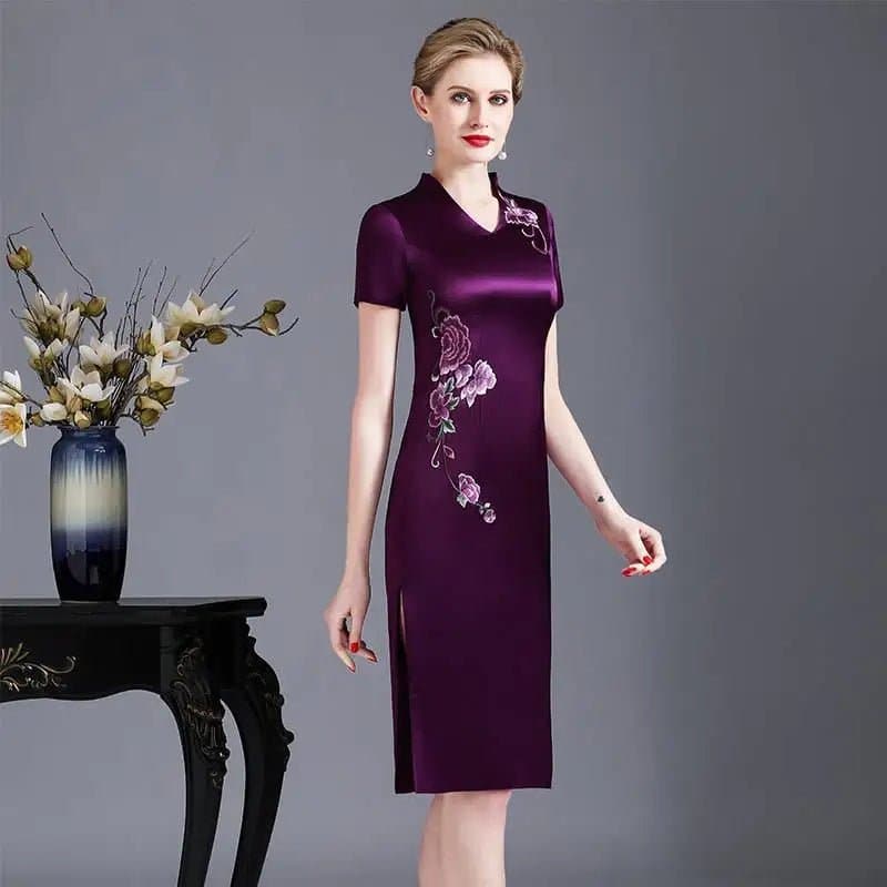 Elegant Silk Cheongsam Summer Dress - Mid-Calf Length - Women's Fashion - Wandering Woman