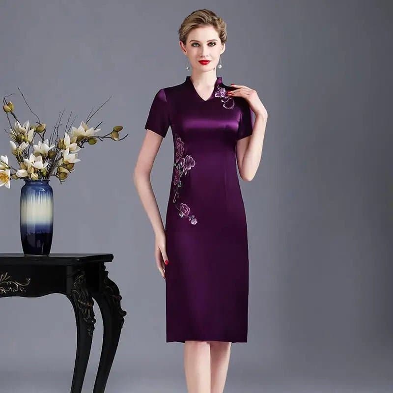 Elegant Silk Cheongsam Summer Dress - Mid-Calf Length - Women's Fashion - Wandering Woman