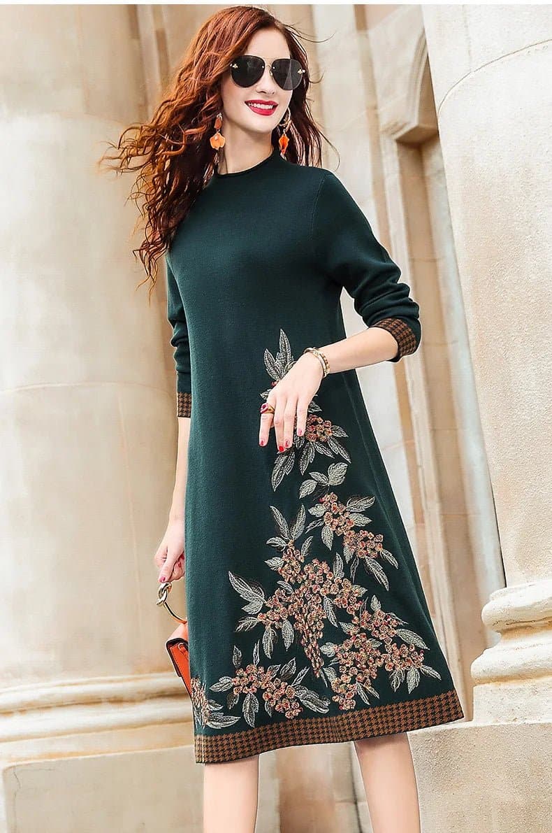 Embroidered Knitted Dress - High-Quality Fabric, Elegant A-Line Silhouette, Mid-Calf Length - Wandering Woman