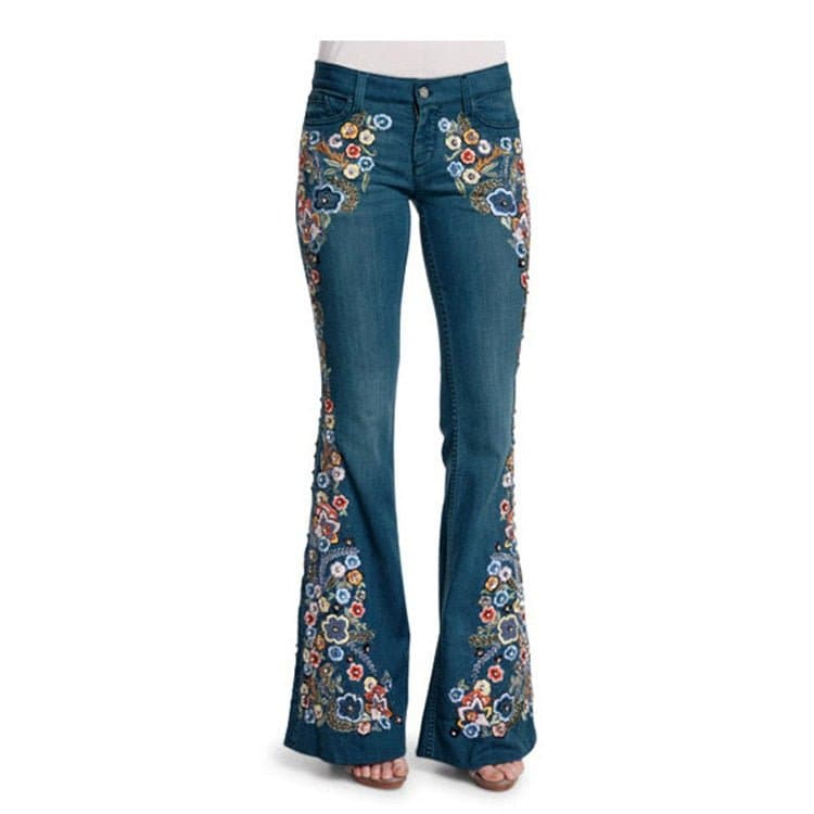 Embroidered Slim Fit Bell-Bottom Jeans - Wandering Woman