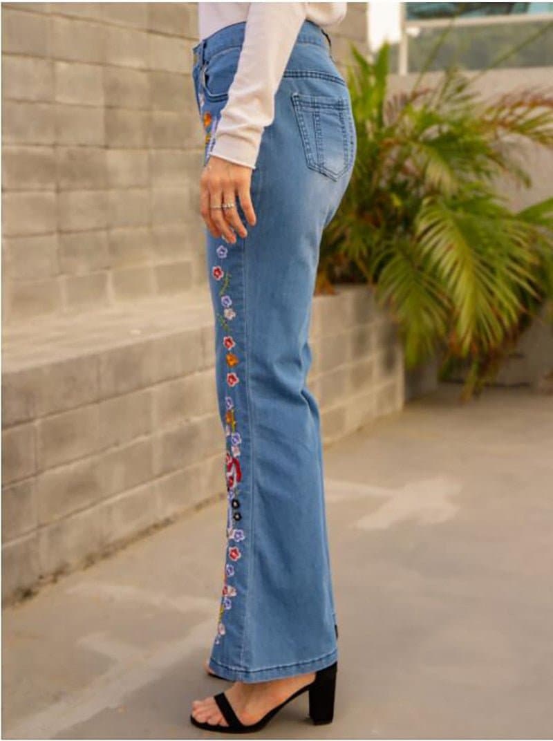 Embroidered Slim Fit Bell-Bottom Jeans - Wandering Woman