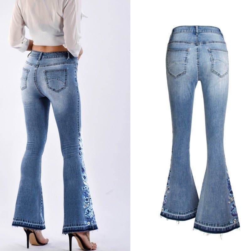Embroidery Flare Denim Jeans - Wandering Woman