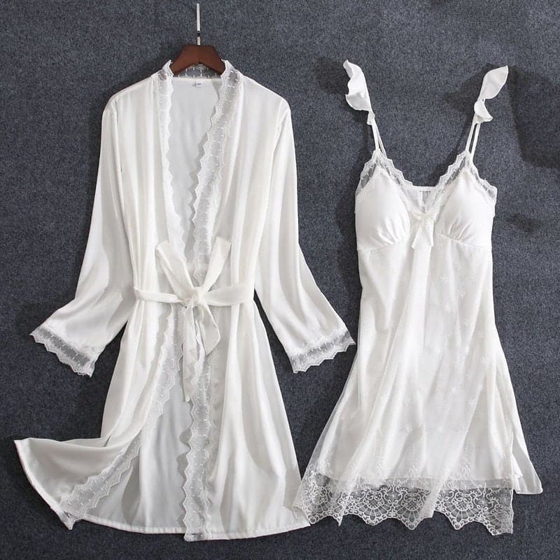 Embroidery Lace Night Dress and Robe - Wandering Woman