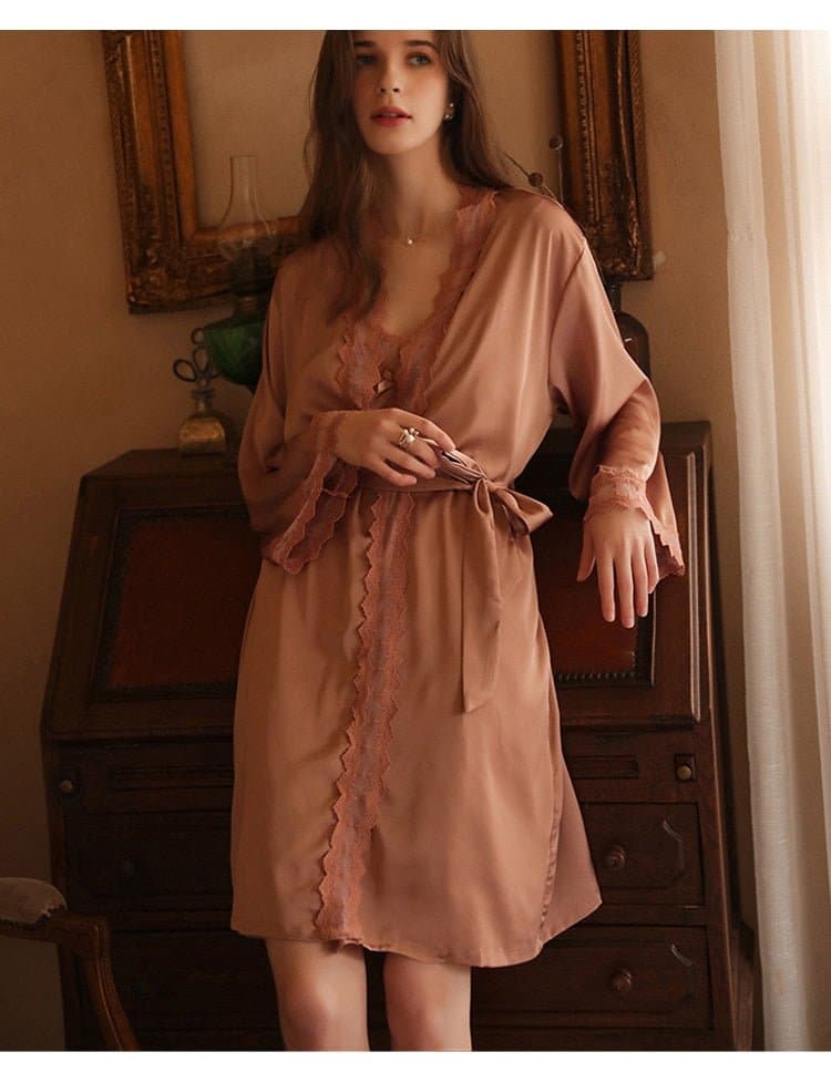 Embroidery Lace Night Dress and Robe - Wandering Woman
