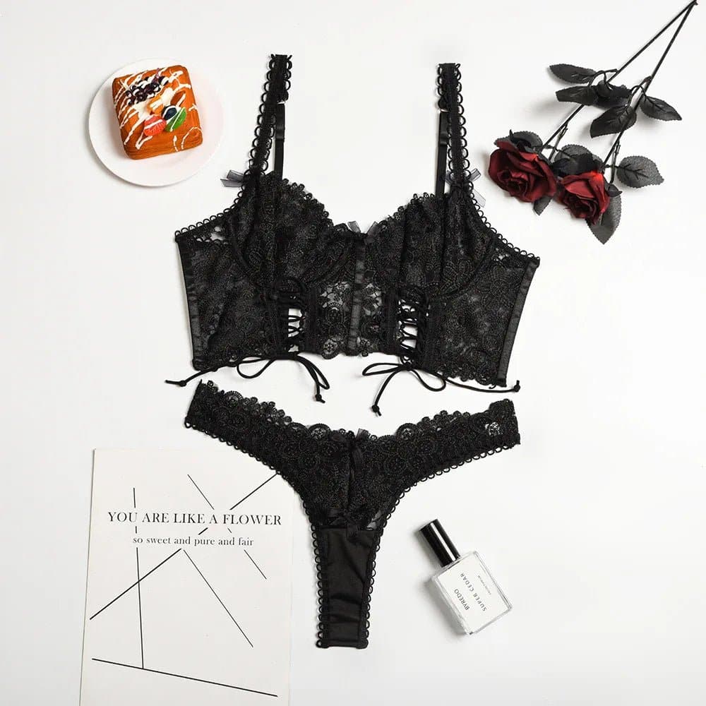 Erotic Lace Up Lingerie Set - Seductive Floral Design & Underwire Support - Wandering Woman