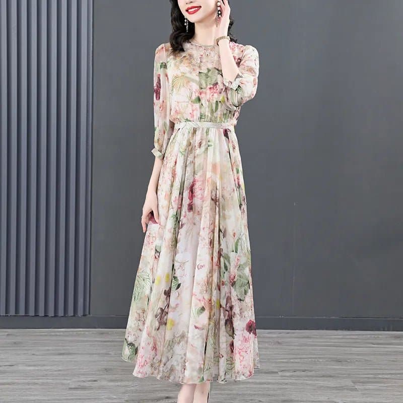 Floral Boho Dresses - Vintage 3D Silk Mid-Calf Dress - Wandering Woman