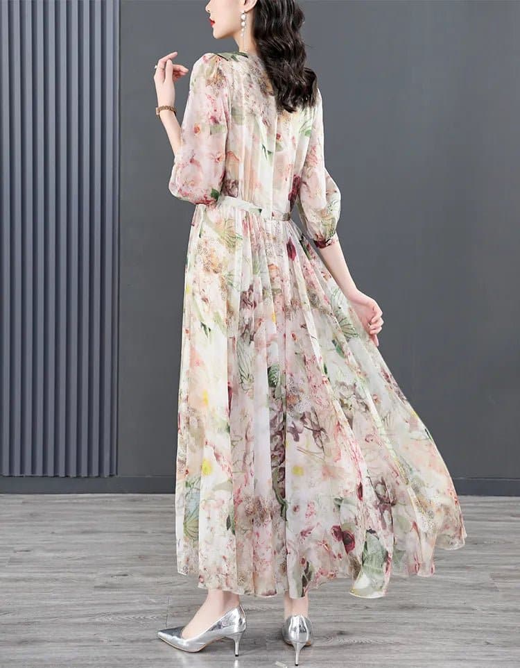 Floral Boho Dresses - Vintage 3D Silk Mid-Calf Dress - Wandering Woman