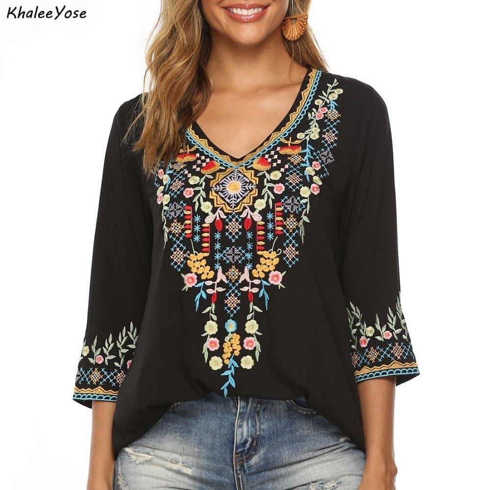 Floral Embroidery Mexican Blouse - Wandering Woman