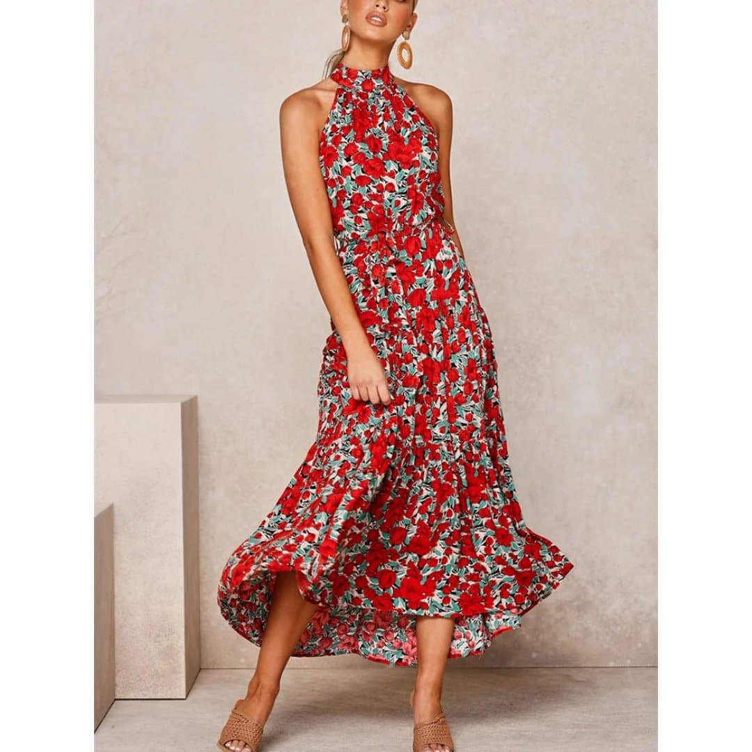 Floral Print Halter Dresses with Ankle-Length Silhouette - Wandering Woman