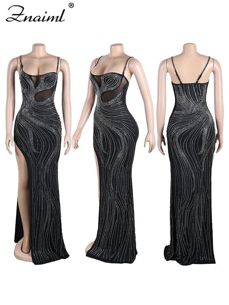 Formal Evening Dress - V-Neck Sheath Floor-Length Gown with Diamonds - Wandering Woman