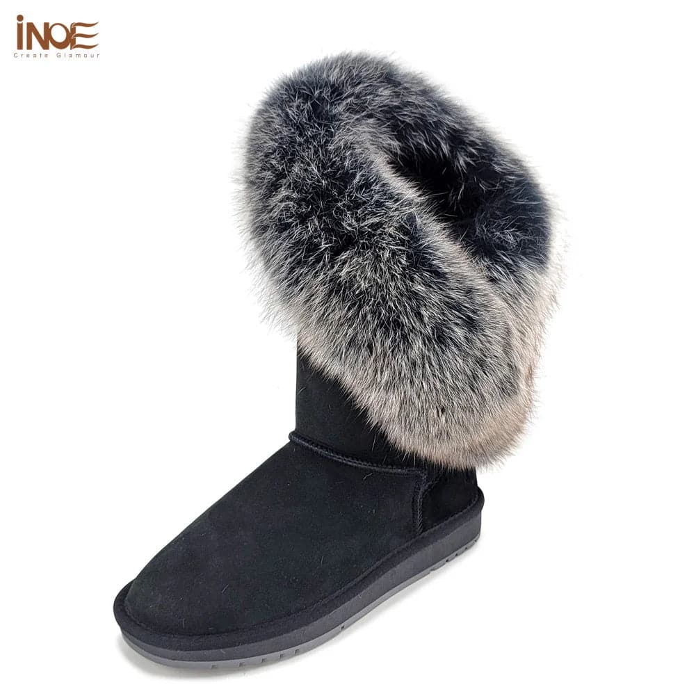 Fox Fur Leather Snow Boots with Plush Lining & Rubber Outsole - Handmade Knee-High Winter Boots - Wandering Woman