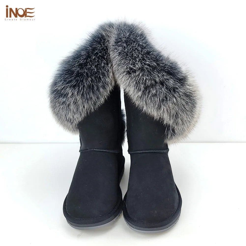 Fox Fur Leather Snow Boots with Plush Lining & Rubber Outsole - Handmade Knee-High Winter Boots - Wandering Woman