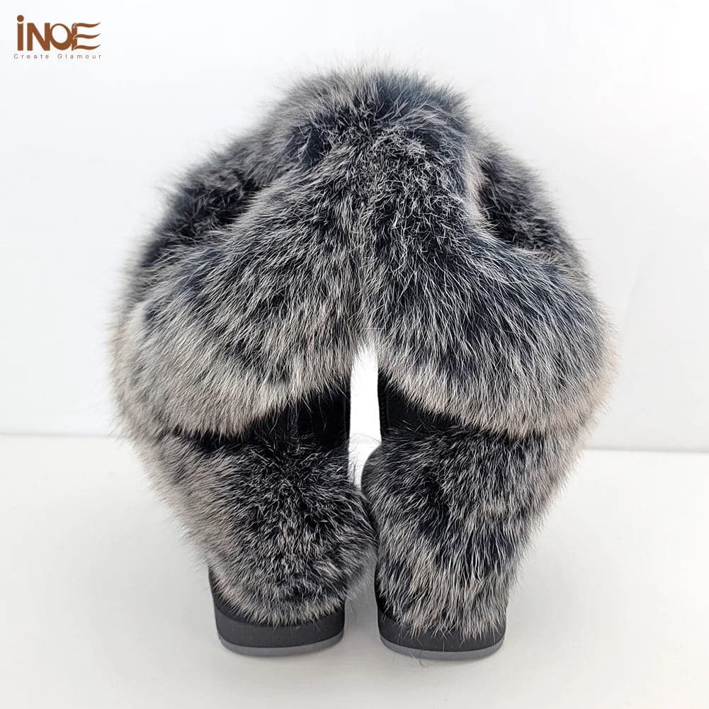 Fox Fur Leather Snow Boots with Plush Lining & Rubber Outsole - Handmade Knee-High Winter Boots - Wandering Woman