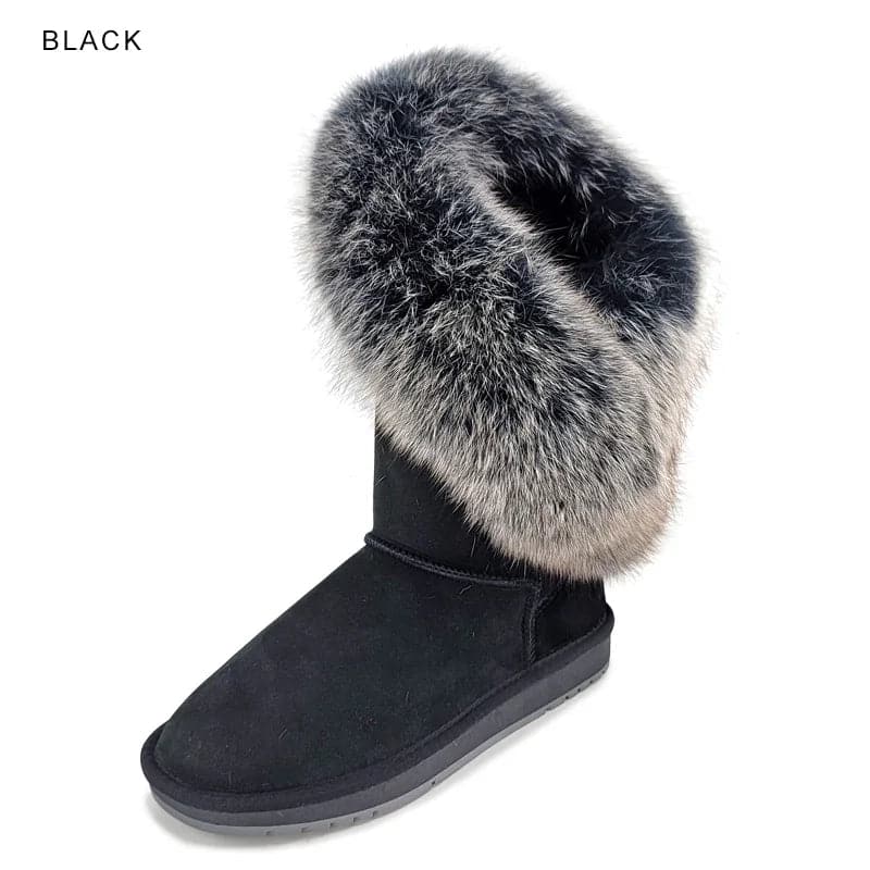 Fox Fur Leather Snow Boots with Plush Lining & Rubber Outsole - Handmade Knee-High Winter Boots - Wandering Woman