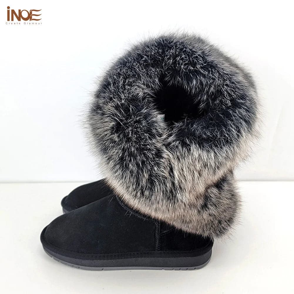 Fox Fur Leather Snow Boots with Plush Lining & Rubber Outsole - Handmade Knee-High Winter Boots - Wandering Woman