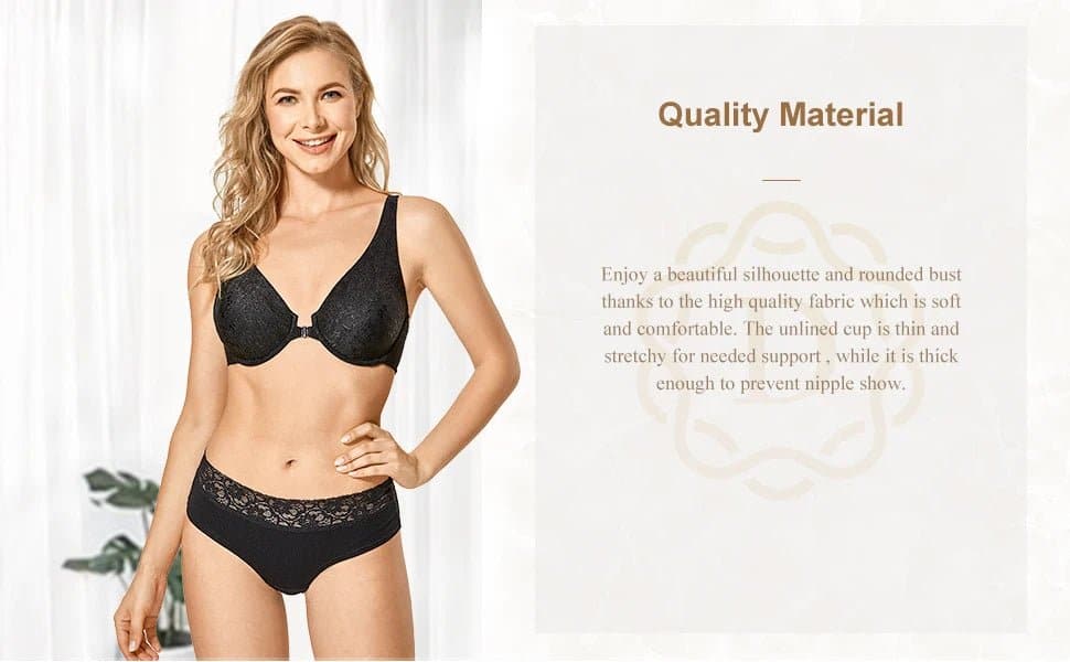 Front Closure Floral Lace Bra - Delimira Full Cup Underwire Everyday Bra (W601B) - Wandering Woman