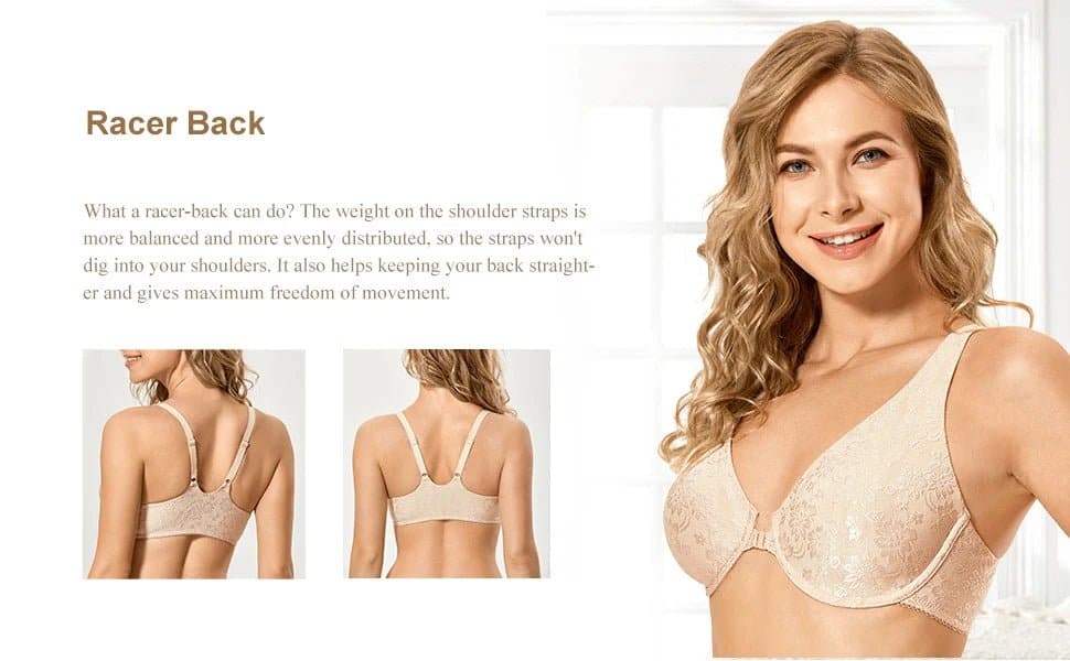 Front Closure Floral Lace Bra - Delimira Full Cup Underwire Everyday Bra (W601B) - Wandering Woman