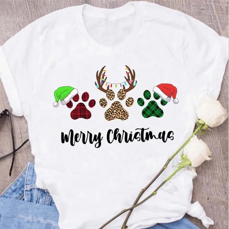 Funny Christmas Dog Paws Print Tshirt - Wandering Woman