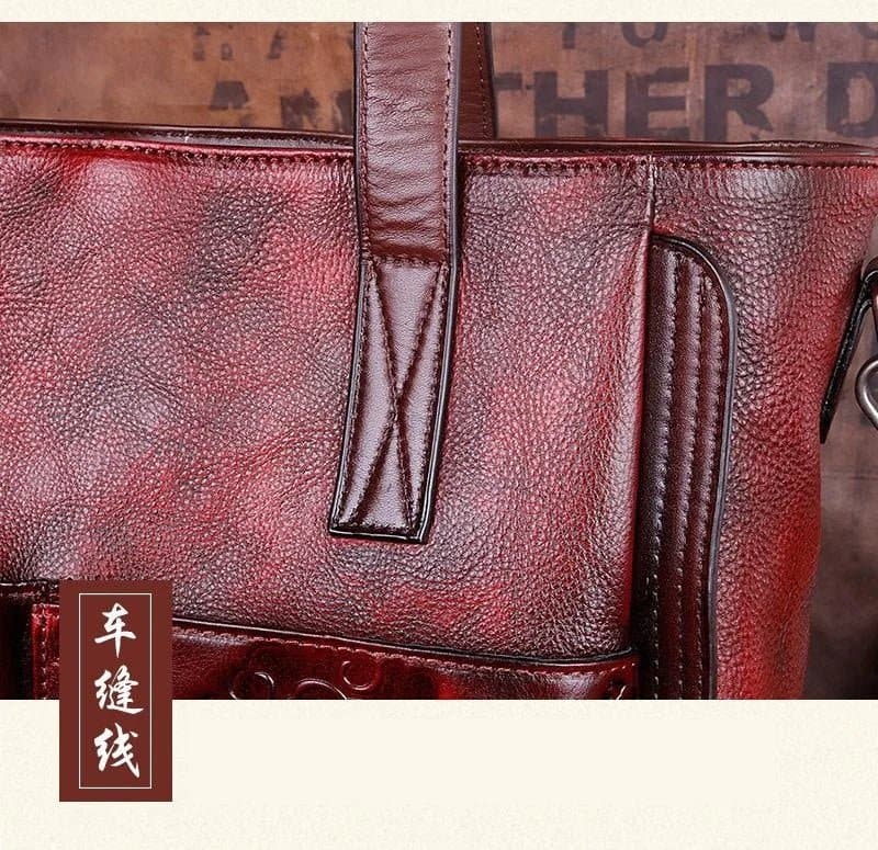 Handmade Embossed Tote Bag - Genuine Leather, Vintage Style, Landscape Pattern - Motaora H357 (Single Strap) - Wandering Woman