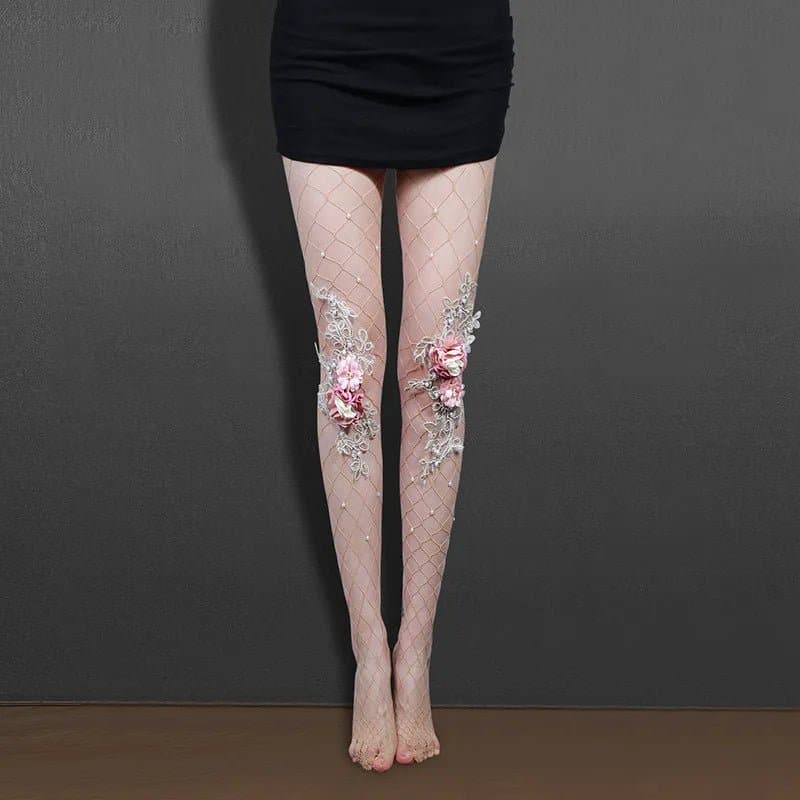 Handmade Fishnet Pink Pantyhose - Floral Pattern Women's Tights - Wandering Woman