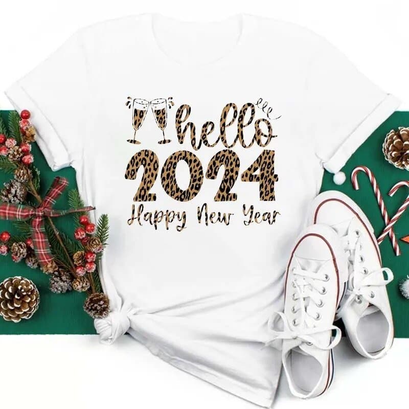 Hello 2024 Happy New Year Printed T Shirt - Wandering Woman