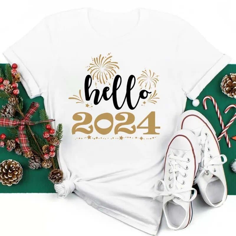 Hello 2024 Happy New Year Printed T Shirt - Wandering Woman