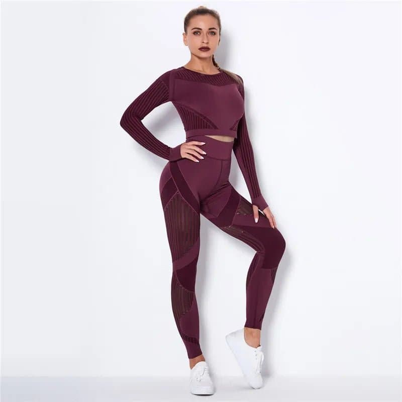 Hollow Out Yoga Set in Wine Red - Anti-Pilling, Tummy Control - Wandering Woman