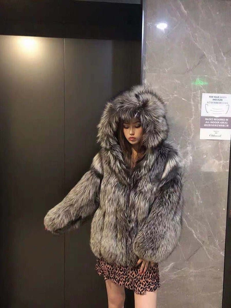 Hooded Faux Silver Fox Fur Coat - Wandering Woman