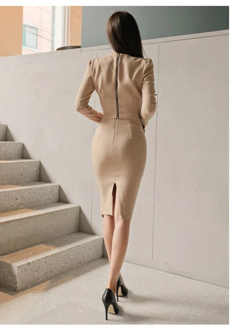 Irregular Waist Autumn Suit Dress - Blended Nylon Office Lady Outfit - Wandering Woman