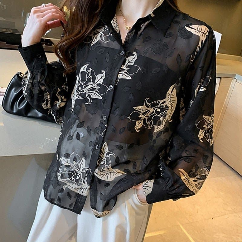 Lantern Sleeves Chiffon Floral Print Blouse - Wandering Woman