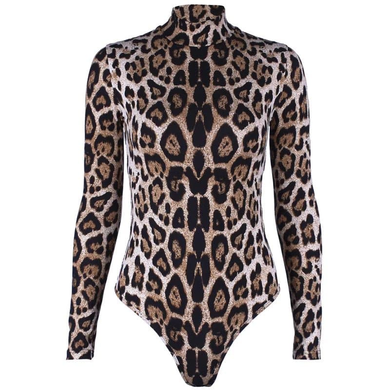 Leopard Print Mock Neck Bodysuit with High Stretch - Sexy & Club Style - Wandering Woman