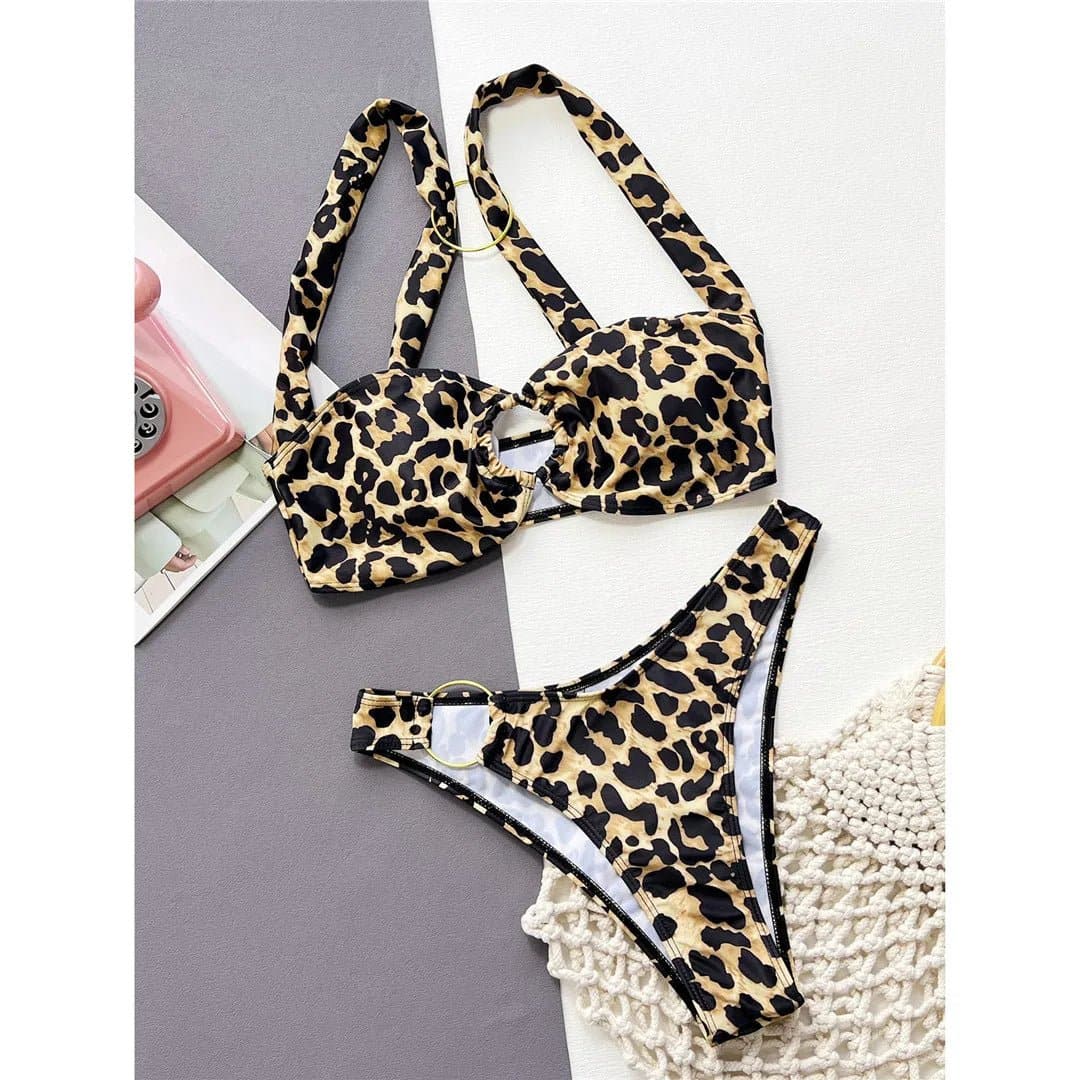 Leopard Printed Metal Ring Mid Waist Bikini - Stylish Beachwear Set for Women - Wandering Woman