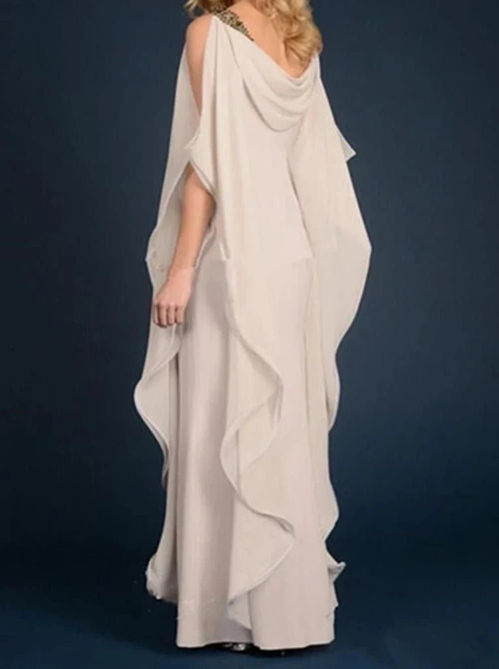Long Chiffon Evening Gown with Half Sleeves, Floor-Length A-Line Silhouette - Wandering Woman