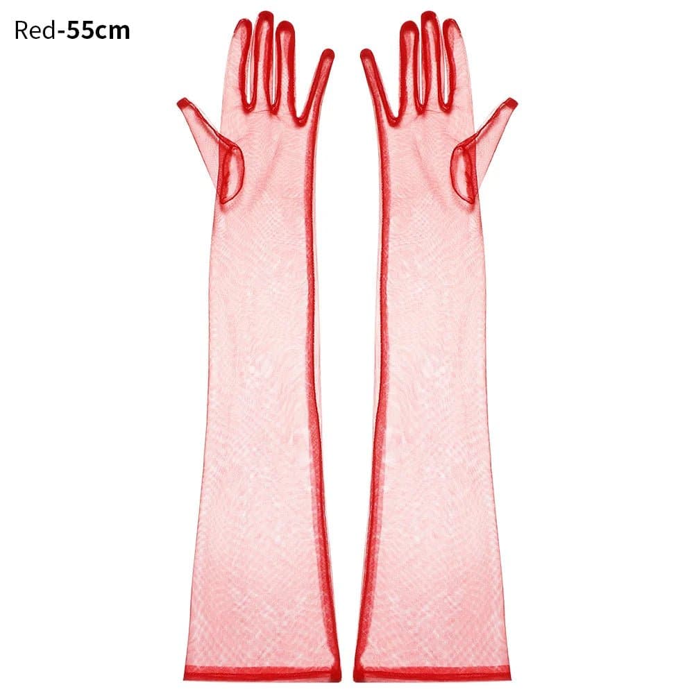 Long Mesh Tulle Gloves for Women - Elbow Length, Acetate Material (23cm, 55cm) - Black, White, Red, Grey, Champagne - Wandering Woman