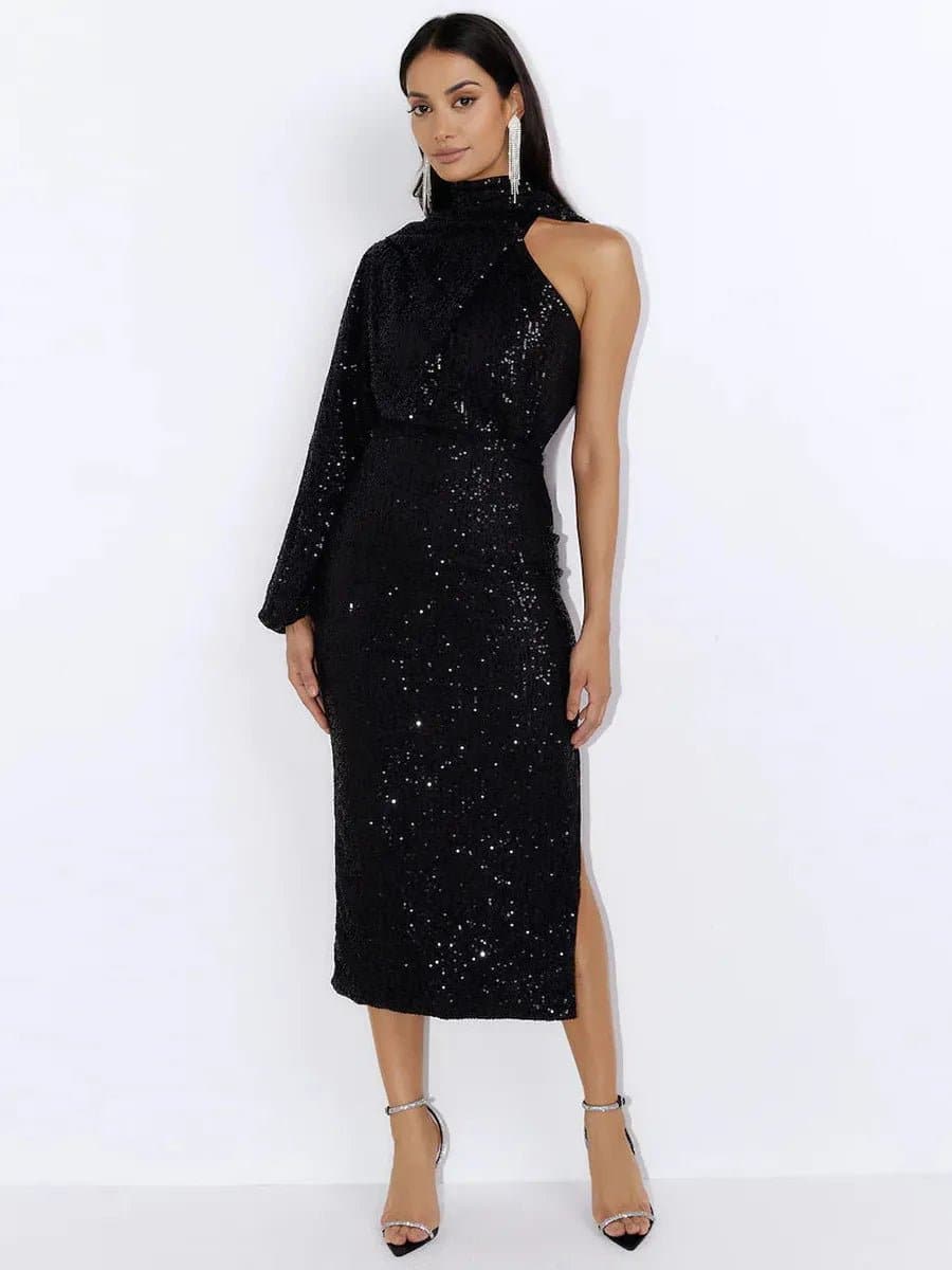 Long Sequin Dresses - One-Shoulder A-Line Ankle-Length Sparkly Gown for Women - Wandering Woman