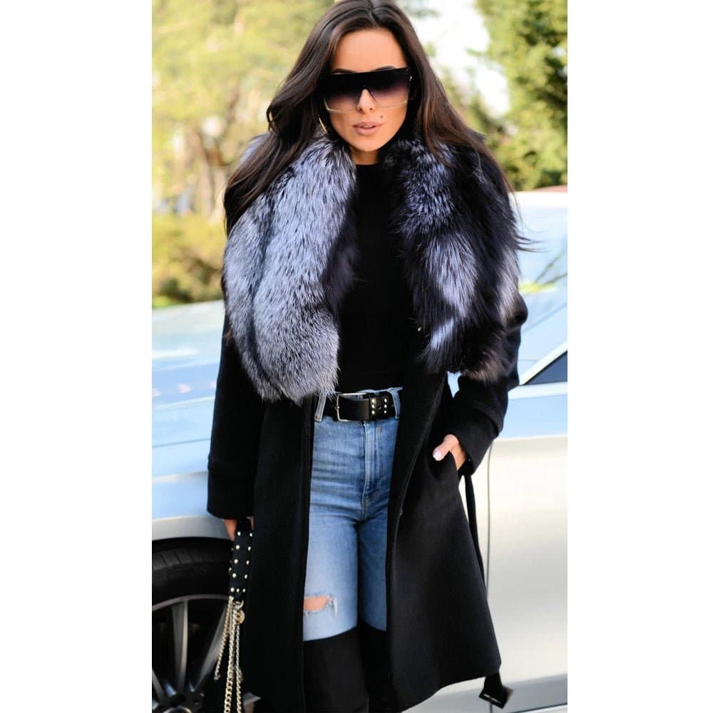 Long Wool Blends Coats with Silver Fox Fur Collar - Wandering Woman