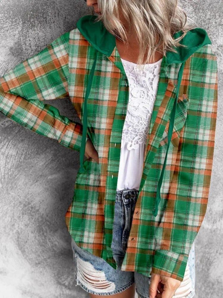 Loose Hooded Checkered Shirt - Wandering Woman